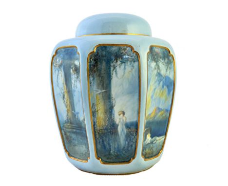 An unusual Royal Worcester porcelain ginger jar and cover, circa 1930, the octagonal body with eight panels painted with figu