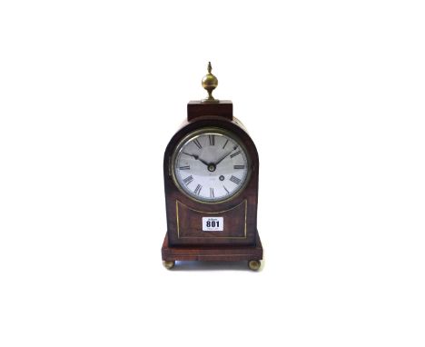 A French rosewood cased mantel clock, early 19th century, with spherical brass finial over a silvered dial (10cm diameter) de
