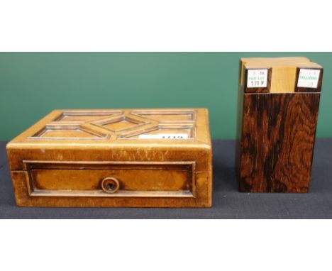 A Victorian figured walnut and mahogany geometric moulded box, 20cm wide, together with a mid 20th century hardwood tea caddy