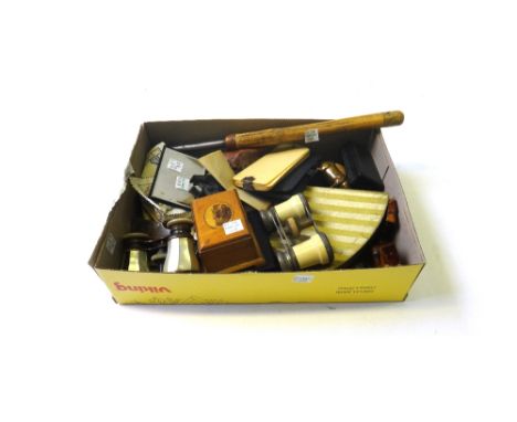 A quantity of collectables, including; a metal 'pig' pin cushion (6cm wide), a Regency tortoiseshell snuff box, a military ma
