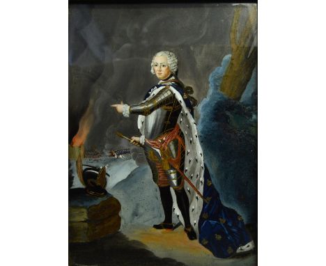 A late 18th century reverse portrait painting on glass of Frederick II, after Antoine Pesne and in the manner of Johann Matth