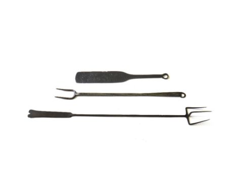 A wrought iron two pronged cooking fork, 18th/19th century, stamped 'B' to the handle, 52cm, together with another longer thr