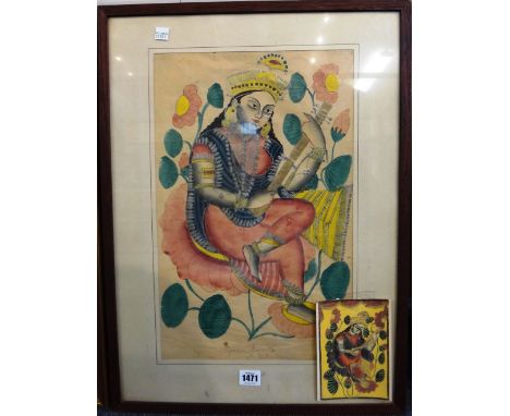 Indian school, late 19th/early 20th century: a Kalighat painting, portrait of the goddess Saraswati, watercolour over a print