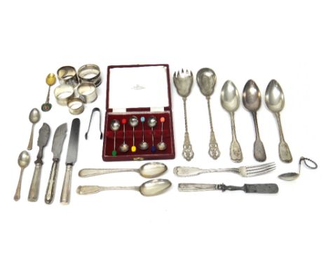 Silver, foreign and plated wares, comprising; a set of six silver coffee spoons, the handles with differing coloured coffee b