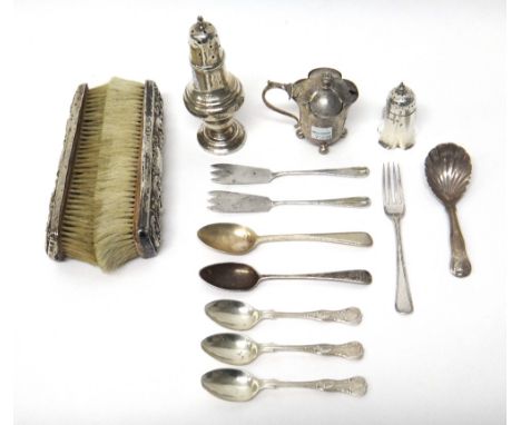 Silver and silver mounted wares, comprising; a mustard pot and a matching pepperette, London 1899, a sugar caster, Birmingham