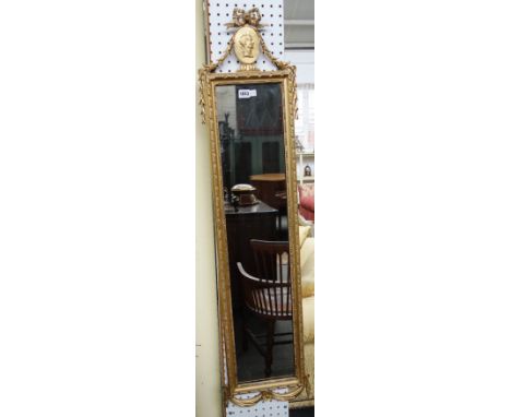 A pair of 20th century gilt framed rectangular wall mirrors with ribbon tied Romanesque portrait tables over mirror plate and