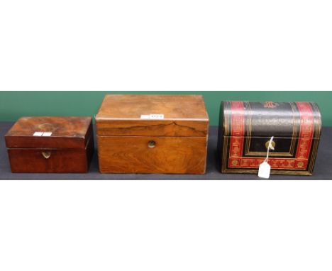 A 19th century rosewood tea caddy with single lidded canister and mixing bowl, 26cm wide, a 19th century mahogany box, 18cm w