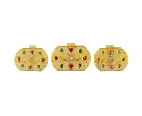 Three gem set jade pendants, North India, 19th century, each of cusped form, with a suspension fitting at the top, the gem se