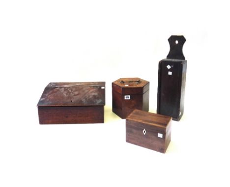 A Victorian burr walnut concertina box of hexagonal form, 19cm high, an oak writing slope, a mahogany two division tea caddy 