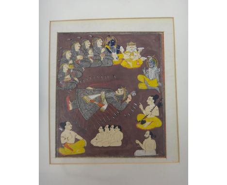Four Indian paintings, 19th century, opaque pigments on paper, the first depicting an episode of the Ramayana on two register