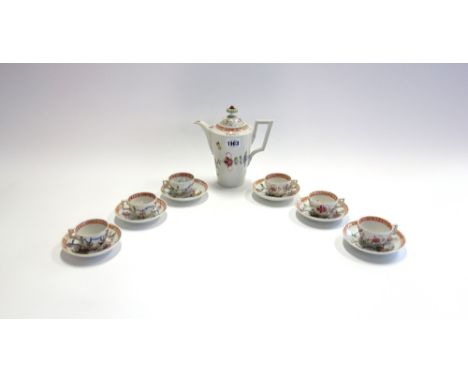 A Meissen (Marcoloni) part coffee service, circa 1800, blue crossed swords and star marks, painted Kakiemon foliate decoratio