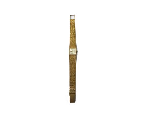 A lady's 9ct gold Rotary bracelet wristwatch, the signed square silvered dial with baton shaped numerals, on a tapering woven