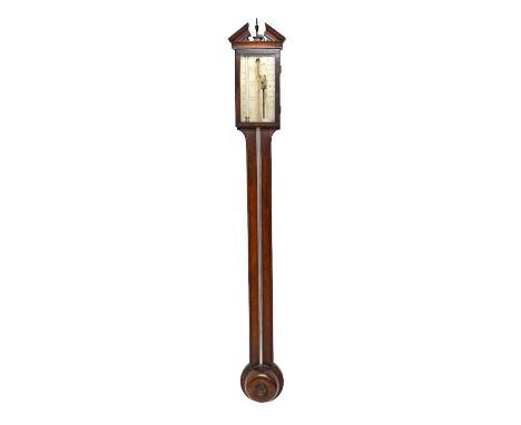 A George III mahogany cased stick barometer by P. Caminuda Taunton, with broken arch pediment and silvered rectangular plate 