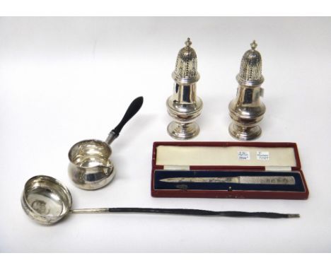 A group of silver and silver mounted wares, to include; a near pair of sugar casters of baluster form, Birmingham 1960, a bra