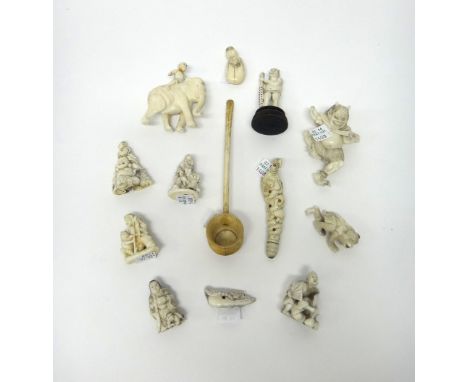 A group of twelve Japanese ivory carvings, Meiji period, mostly netsuke, various subjects including a man on an elephant, Hot