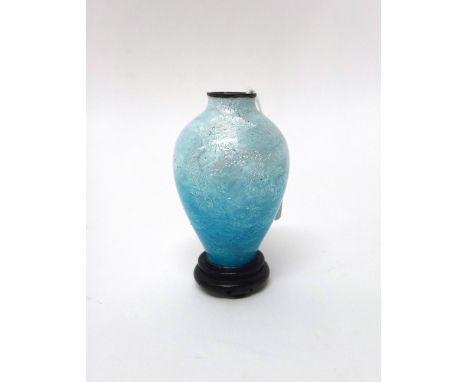 A small Japanese blue ground gin bari enamel vase, Meiji period, of baluster form, worked with a dragon amongst breaking wave