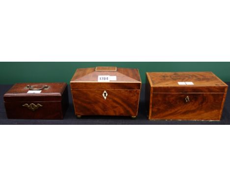 A small Regency mahogany sarcophagus tea caddy, 19cm wide, and two George III mahogany rectangular tea caddies, 20cm and 17cm