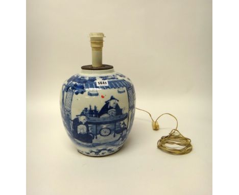 A Chinese blue and white oviform vase, circa 1900, painted with a seated official and attendants, 27cm. high, adapted as a la