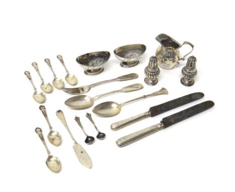 Silver, comprising; a small milk jug, Birmingham 1895, a pair of oval salts, having fluted decoration, London 1895, a pair of