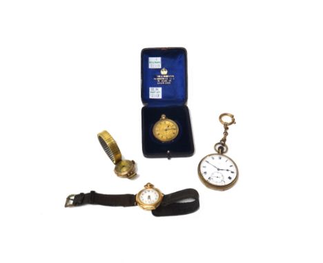 A gentleman's gilt metal cased, keyless wind, openfaced pocket watch, fitted with a gilt metal swivel and boltring, a lady's 