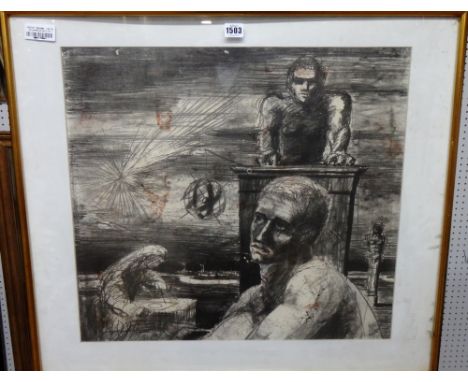 British School (20th century), A figure in the dock, lithograph, 54cm x 58cm.