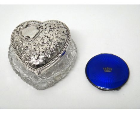 A silver lidded, faceted glass heart shaped trinket box, the cover embossed with shamrocks within a gadrooned border, Chester