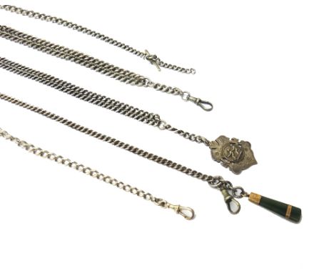 Five gentlemen's silver curb link watch Albert chains, a gold mounted nephrite jade drop shaped pendant and a silver tug-of-w