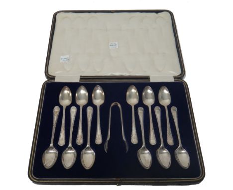A set of twelve silver coffee spoons and a matching pair of sugar tongs, Sheffield 1921, cased, a set of six silver teaspoons