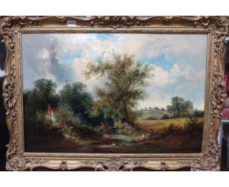 James Edwin Meadows (1828-1888), Children playing by a stream in a wooded landscape, oil on canvas, 50cm x 75cm.