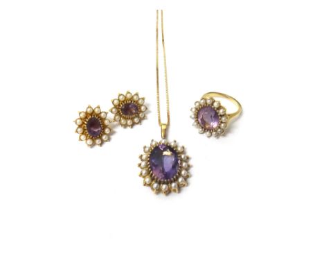 A 9ct gold, amethyst and cultured pearl set oval pendant, mounted with the oval cut amethyst at the centre, within a surround