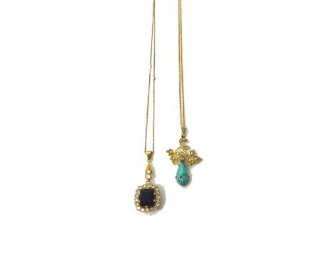 A gold, turquoise and seed pearl set pendant, with a pear shaped turquoise drop, otherwise having foliate decoration, with a 