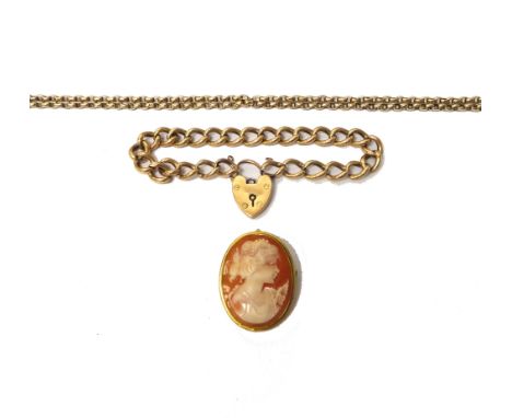 A gold curb link bracelet, on a gold heart shaped padlock clasp, detailed 9 CT, a gold oval link neckchain, detailed 9 C, on 