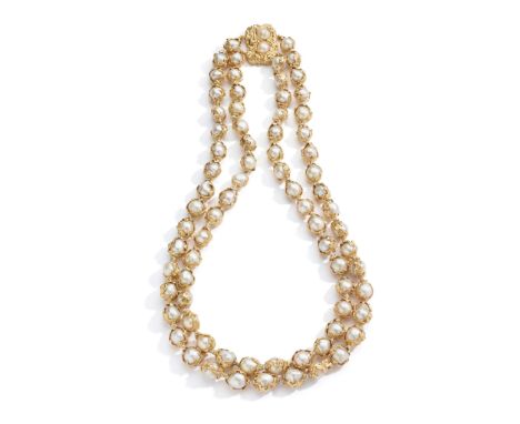 A 'Wrapped' cultured pearl two-strand necklace, by Charles de Temple, 1968 Composed of two rows of baroque cultured pearls, e