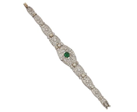 An Art Deco emerald, diamond and pearl bracelet, circa 1925 Of graduated pierced oval panel design, set throughout with old b