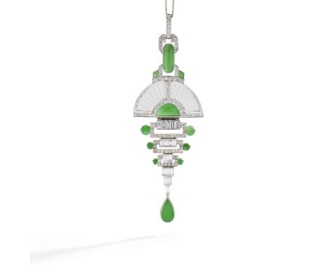 A jadeite, rock crystal and diamond pendant necklace&nbsp;Of geometric openwork design, the centre composed of two carved roc