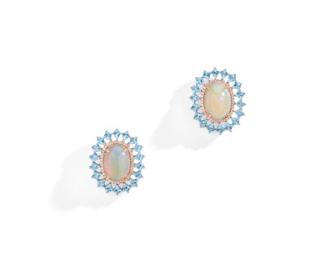 A pair of gem-set earrings Each oval cabochon opal, within a brilliant-cut diamond surround and openwork kite-shaped blue top