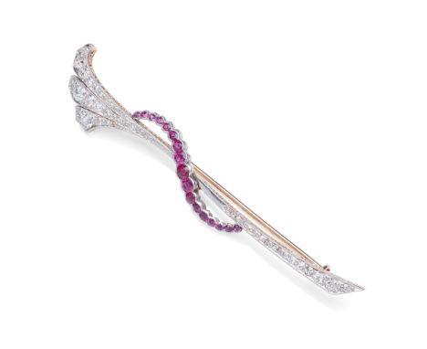 An early 20th century synthetic ruby and diamond brooch The curved bar millegrain-set with old brilliant and single-cut diamo