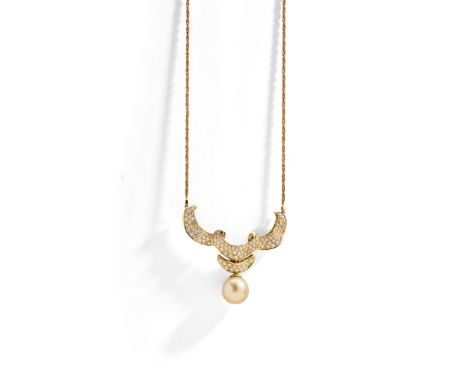 A cultured pearl and diamond necklace The 14.0mm cultured pearl of golden tint, suspended from a pavé-set brilliant-cut diamo