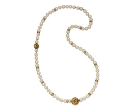 A cultured pearl and diamond necklace and bracelet combination, 1970s The single row of 8.80-9.55mm cultured pearls intersper