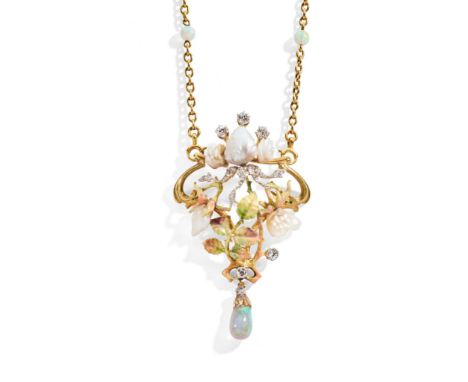 An Art Nouveau enamel, opal and diamond pendant necklace, circa 1900 The scrolling openwork cartouche of foliate design, with