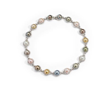 A cultured pearl and diamond necklace Designed as a continuous row of 10.0-10.5mm cultured pearls of various cream, grey, gol