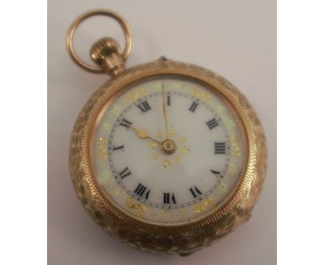 A ladies 9ct gold cased pocket watch, with gilt decorated enamel dial and engraved case, total weight 18.6g