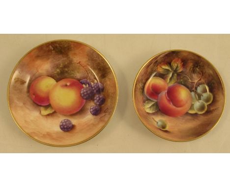 A Royal Worcester pin dish, decorated with fruit by Platt, diameter 3.25ins, together with another Royal Worcester pin dish d
