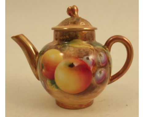 A Royal Worcester miniature tea pot, decorated with fruit by RobertsCondition Report:  Good condition
