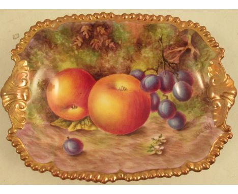 A Royal Worcester rectangular dish, decorated with fruit to a gilt border by Bowen, width 7insCondition Report:  Good conditi