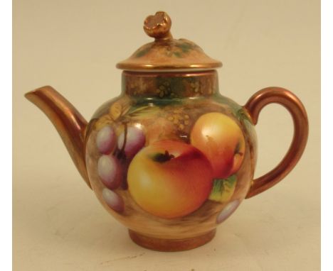 A Royal Worcester miniature tea pot, decorated with fruit by RobertsCondition Report:  Good condition