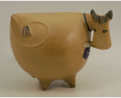 A mid century Gustavsberg pottery cow, by Lisa Larson from the "Large Zoo" series, width approx 6ins x height 5insCondition R