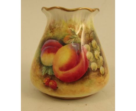 A pair of Royal Worcester vases, decorated half round with fruit by Roberts and Huntley, shape number G957, height 3.5insCond