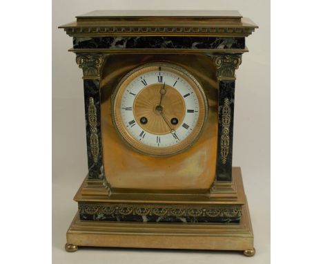 A 19th century brass and marble mantel clock, with striking movement, the case of square form with Classical motifs of column