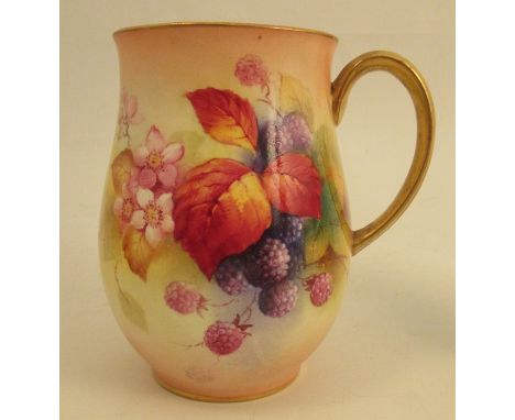 A Royal Worcester baluster shaped mug, decorated with blackberries and autumnal leaves by Kitty Blake, dated 1941, height 5in
